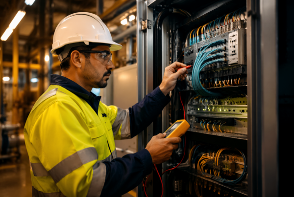 Male technician in a hard hat uses a multimeter to test wiring in an electrical control panel.